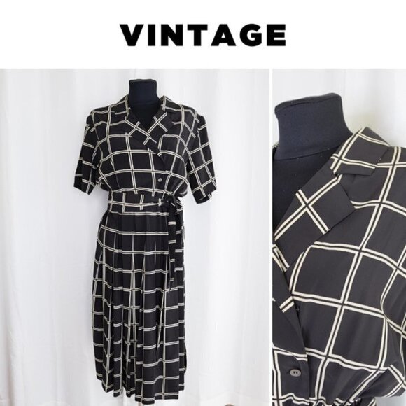 Vintage 1970s/1980s Windowpane Check Pleated Midi Wrap Dress Sz 6 - Picture 1 of 8